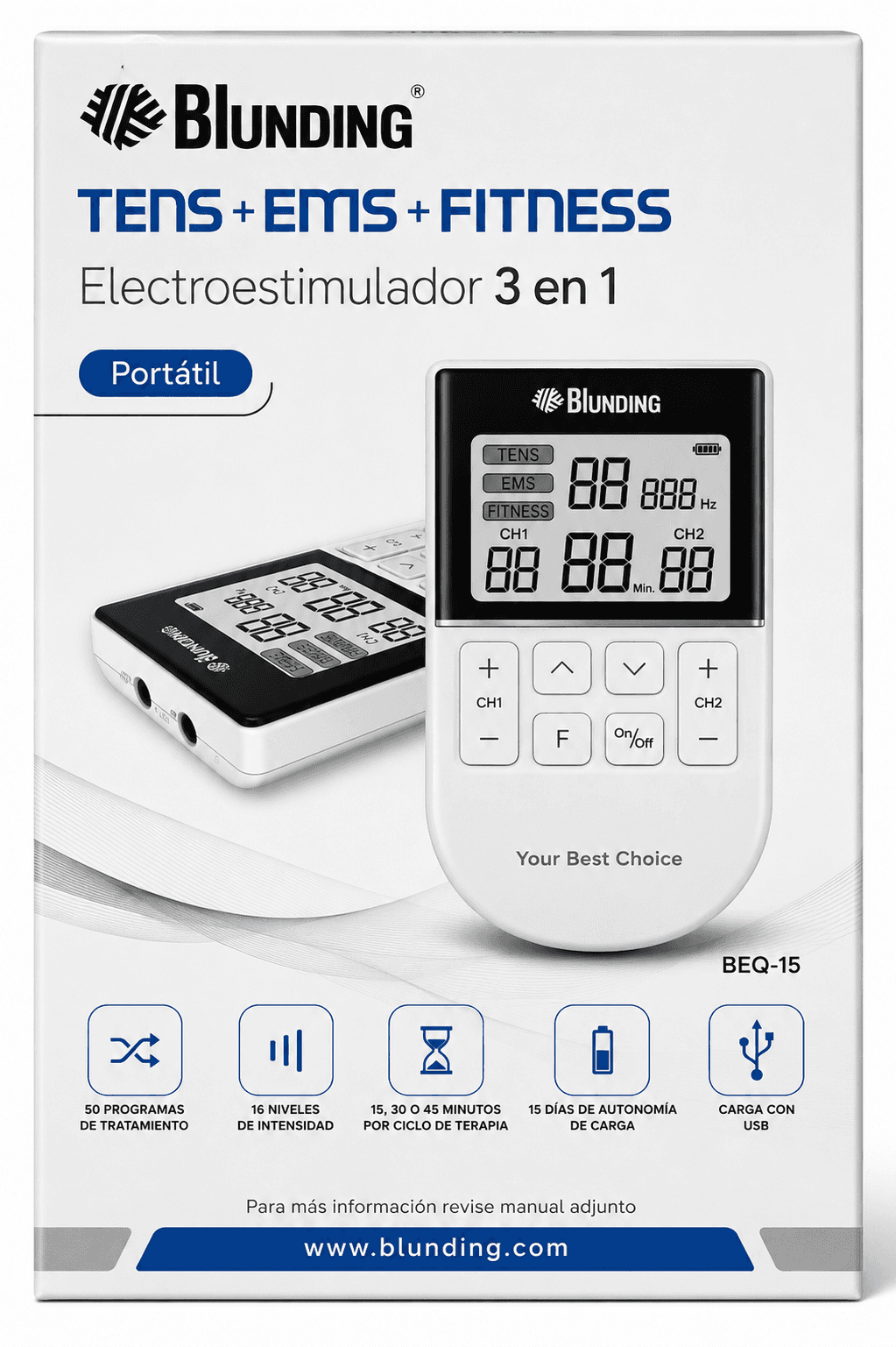 ELECTROESTIMULADOR PORTÁTIL BLUNDING TENS + EMS + FITNESS 3 EN 1 (BEQ-15)